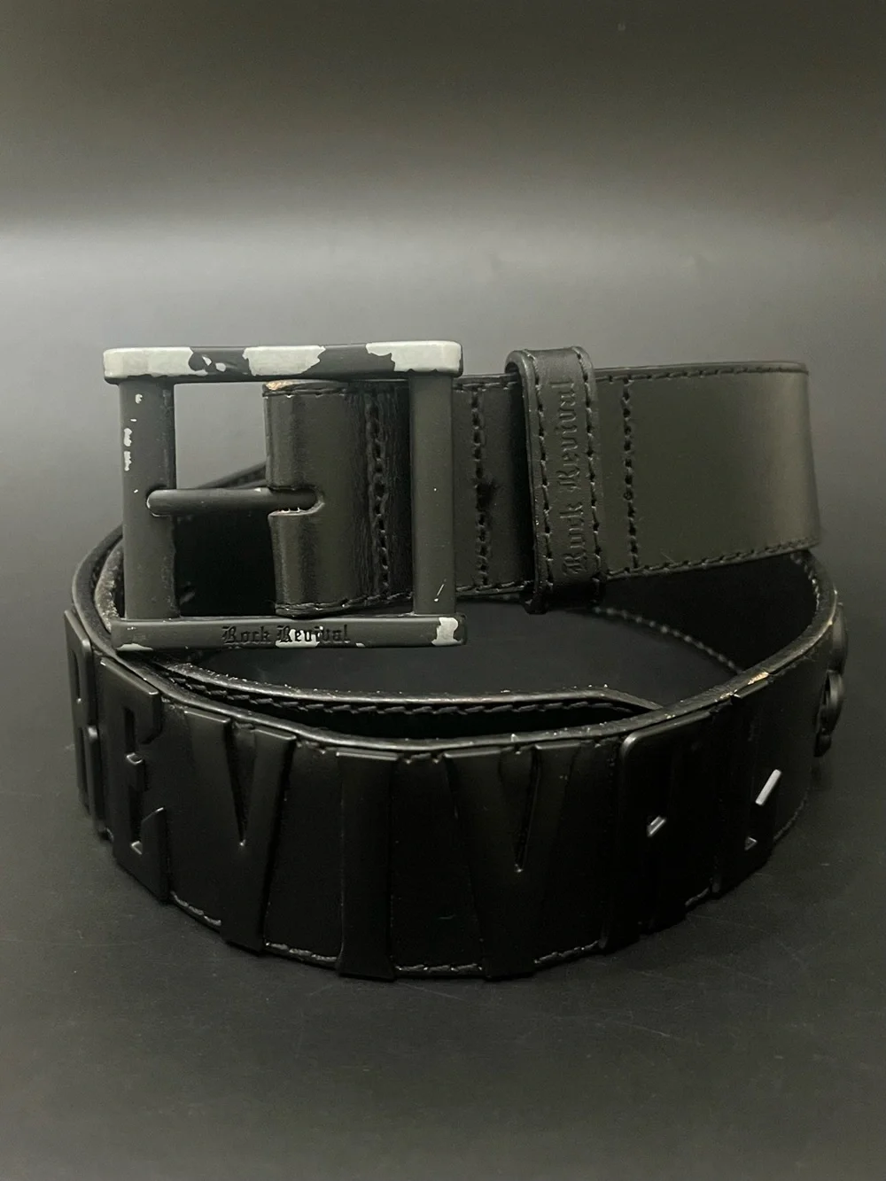 Rock Revival Mens Black Full Grain Leather Belt Distressed Metal Sz 38